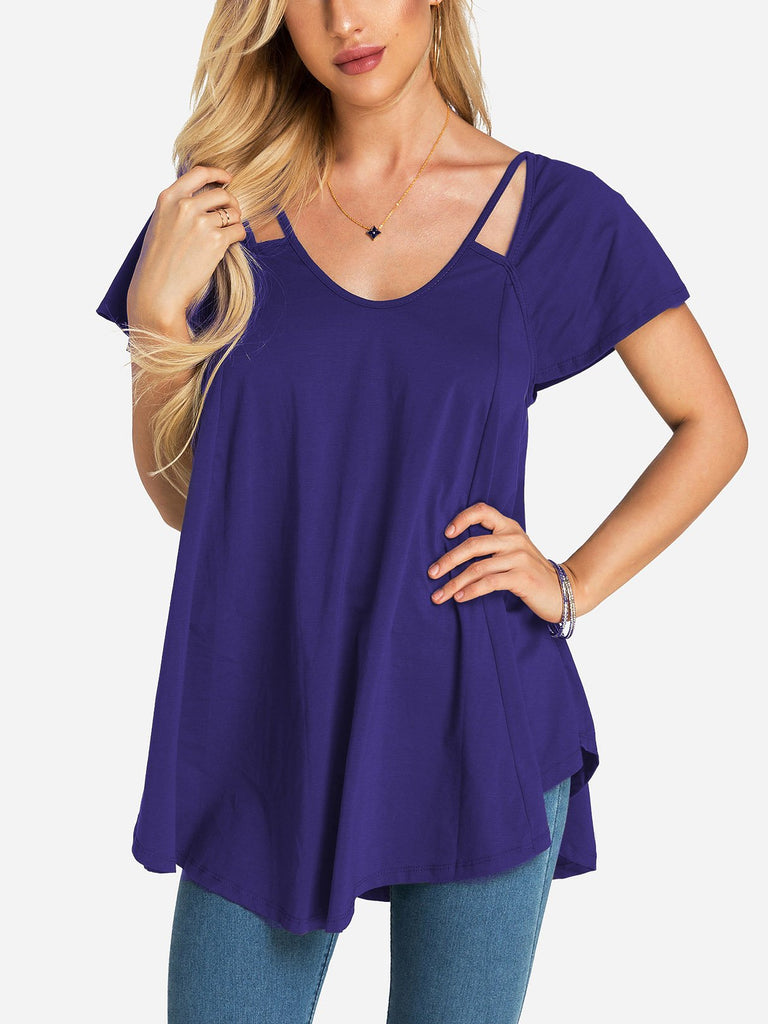 Round Neck Plain Cut Out Short Sleeve Top