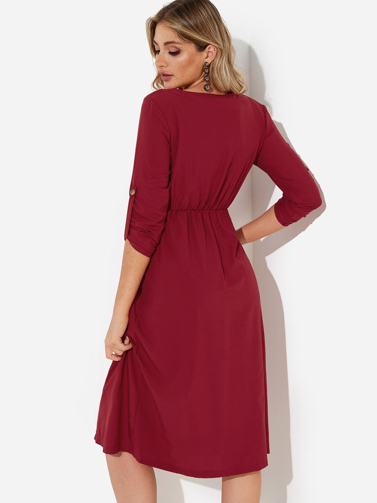 Womens Burgundy V-Neck Dresses