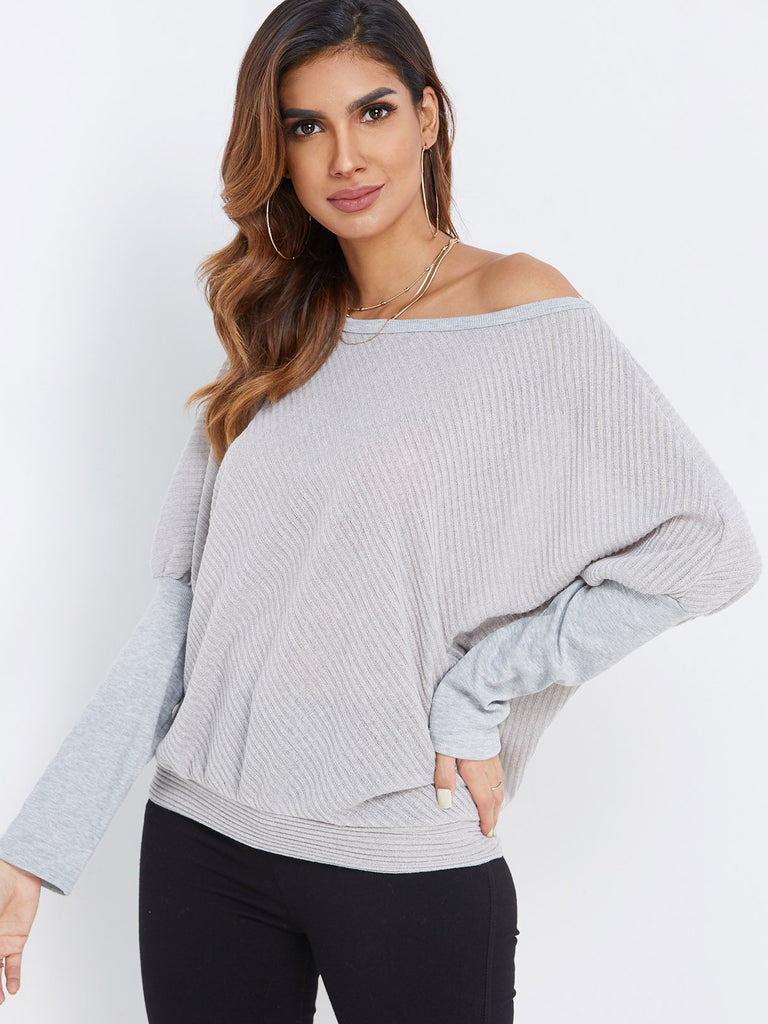 Round Neck One Shoulder Plain Long Sleeve Grey Top