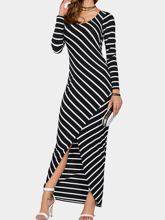 Black Round Neck Long Sleeve Stripe Slit Hem Maxi Dresses