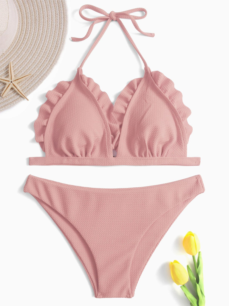 Pink Halter V-Neck Sleeveless Backless Bodycon Two Piece Bikinis