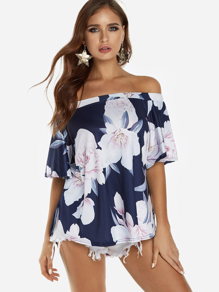 Navy Off The Shoulder Half Sleeve Floral Print Curved Hem Blouses