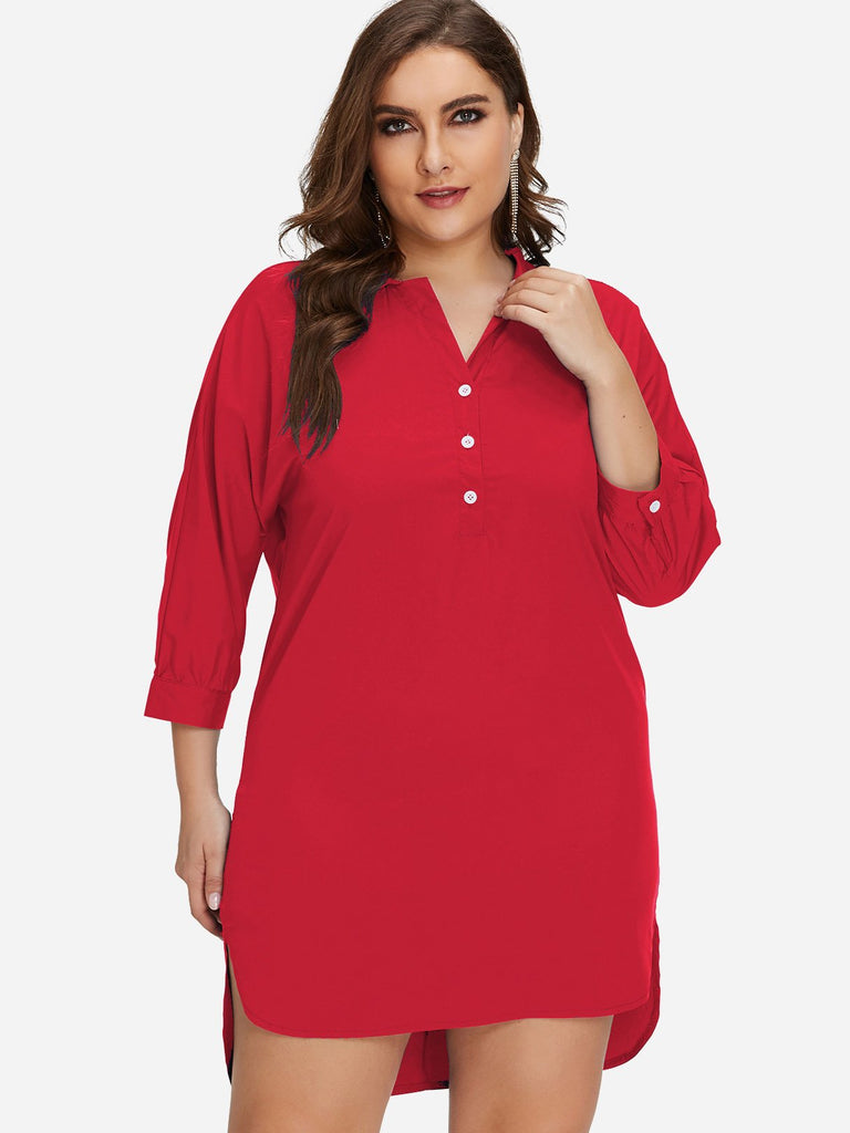 Classic Collar Plain 3/4 Sleeve High-Low Hem Red Plus Size Dress
