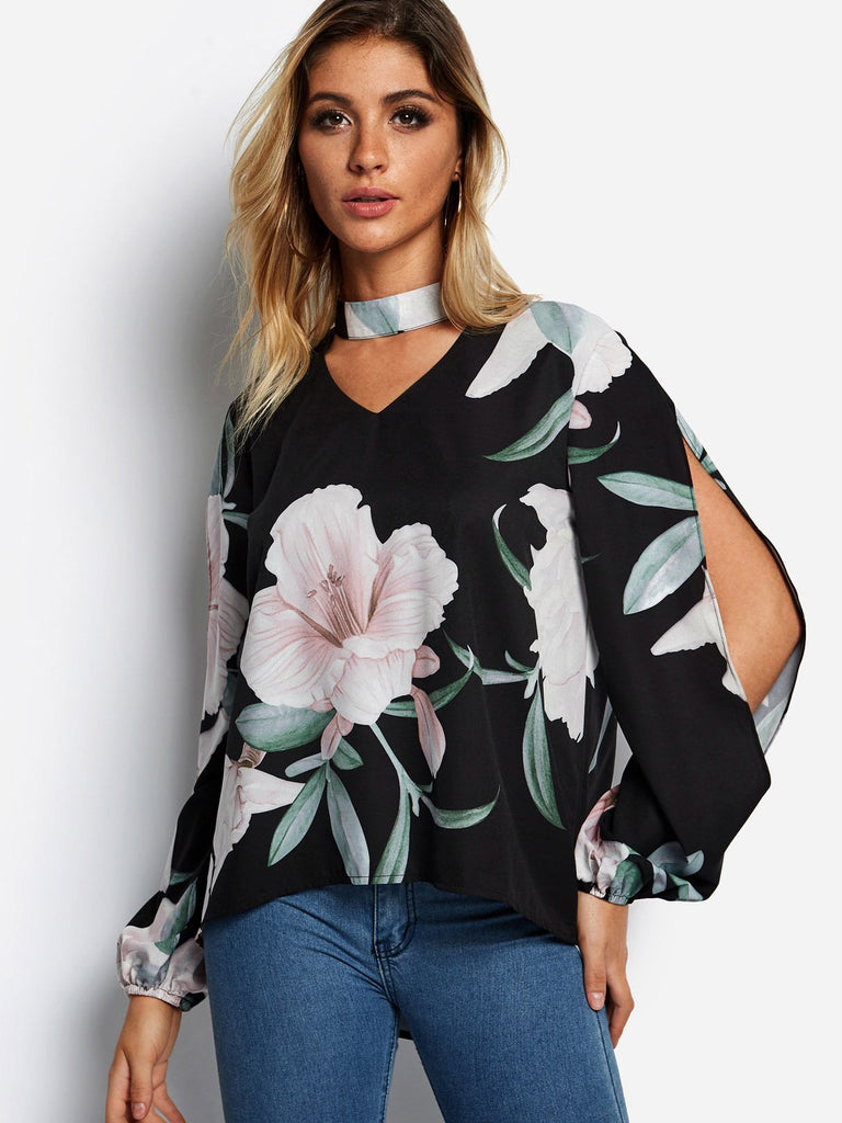 Cold Shoulder Floral Print Cut Out Slit Long Sleeve Black Blouses