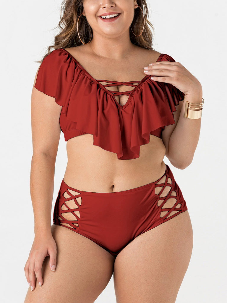 V-Neck Plain Burgundy Plus Size Swimwear