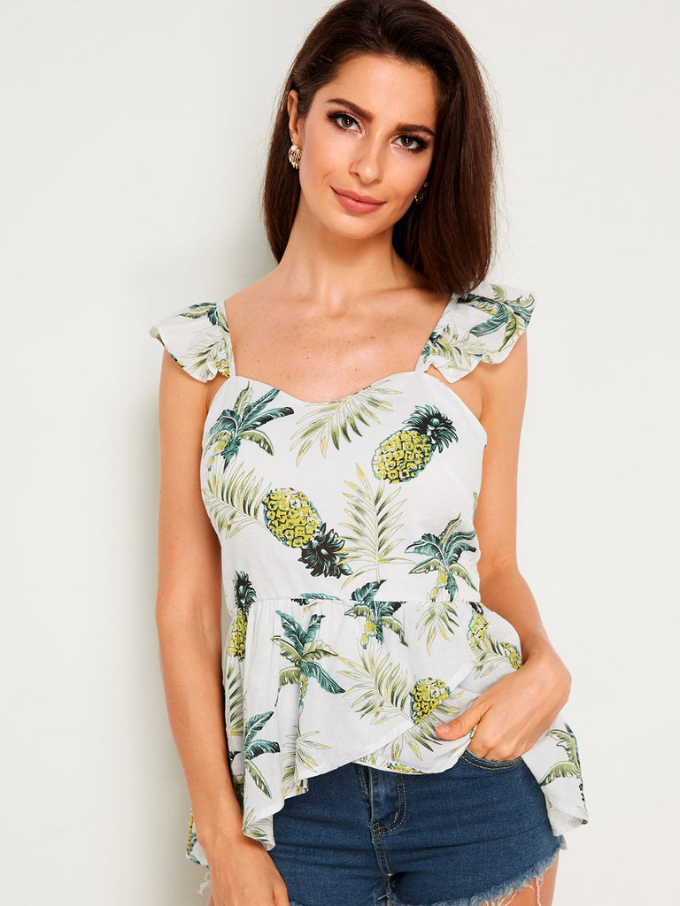 V-Neck Floral Print Zip Back Backless Sleeveless Ruffle Hem Tank Top