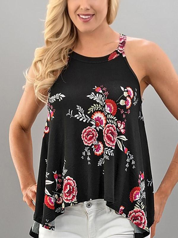 Round Neck Floral Print Sleeveless Irregular Hem Black Camis