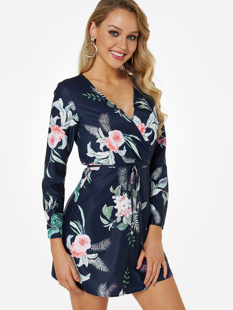 Navy V-Neck Long Sleeve Floral Print Wrap Slit Hem Dresses