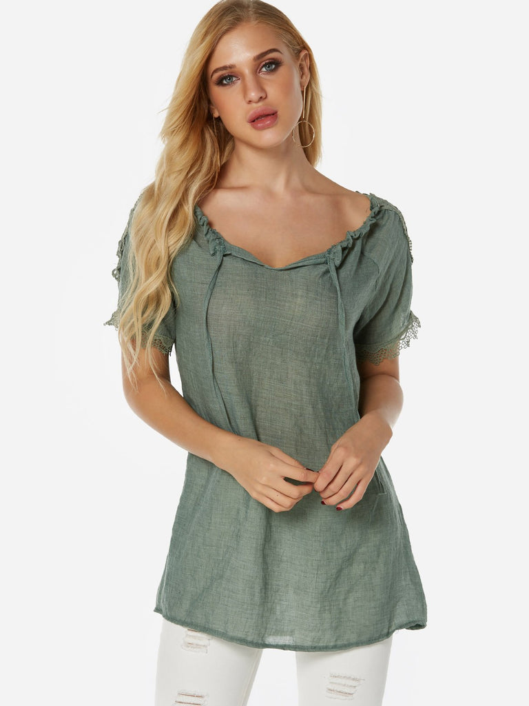 Sheer Lace Short Sleeve Green Blouses