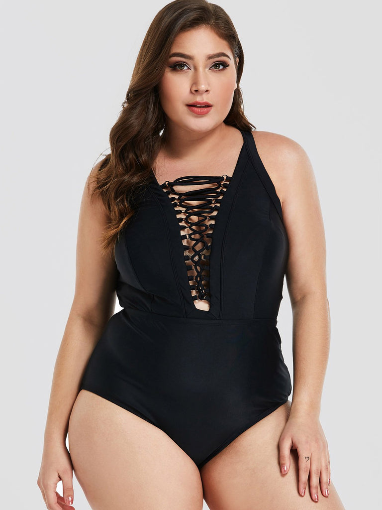 Deep V Neck Plain Criss-Cross Sleeveless Black Plus Size Swimwear