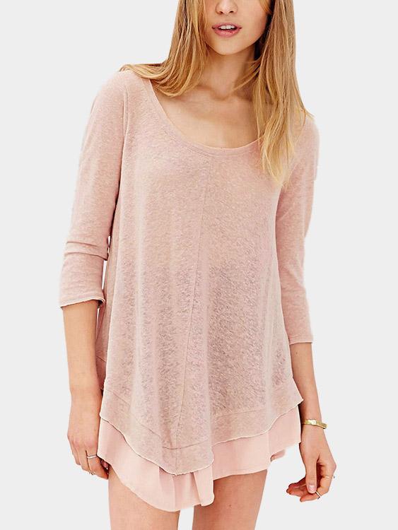 Pink Round Neck 3/4 Sleeve Length Mini Dress