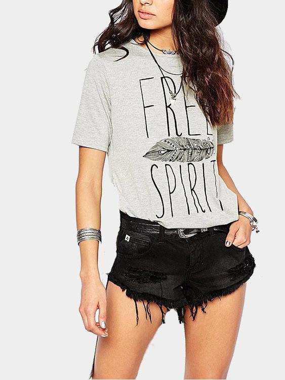 Round Neck Letter Slit Short Sleeve Irregular Hem Grey T-Shirts