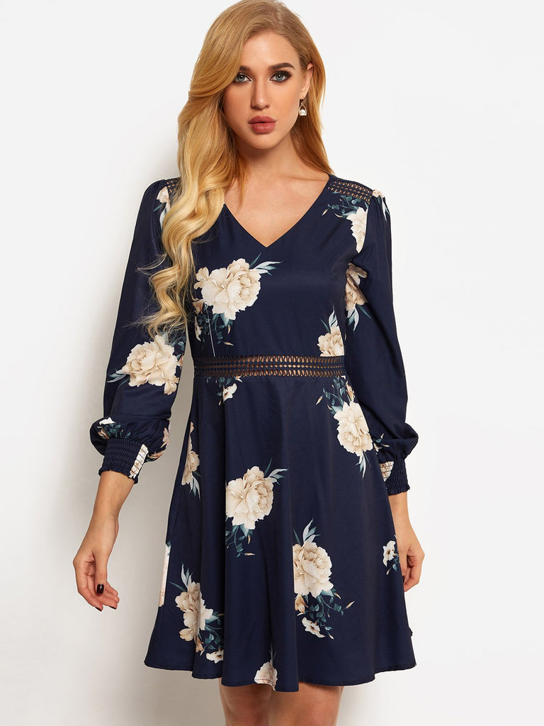 Navy V-Neck 3/4 Length Sleeve Floral Print Hollow Dresses