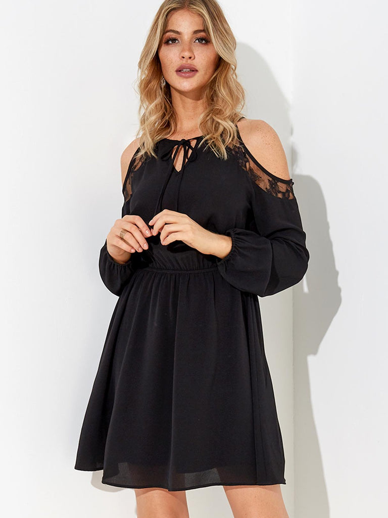 Black Round Neck Cold Shoulder Long Sleeve Plain Lace Lace-Up Casual Dress