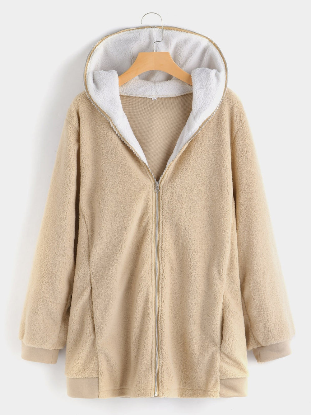 Plain Hooded Long Sleeve Khaki Plus Size Coats & Jackets
