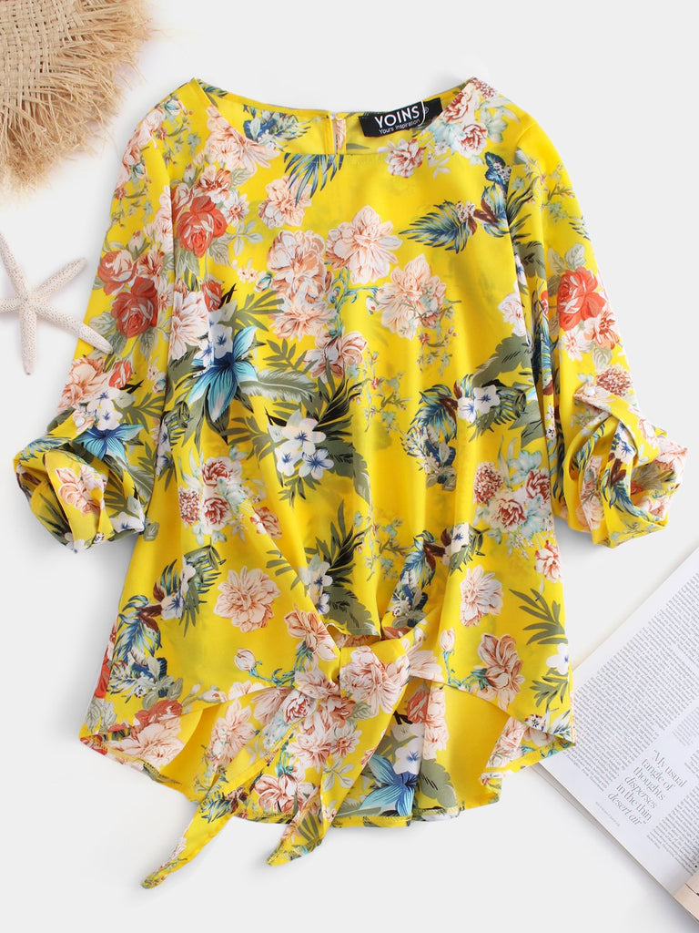 Round Neck Self-Tie Long Sleeve Yellow Blouses