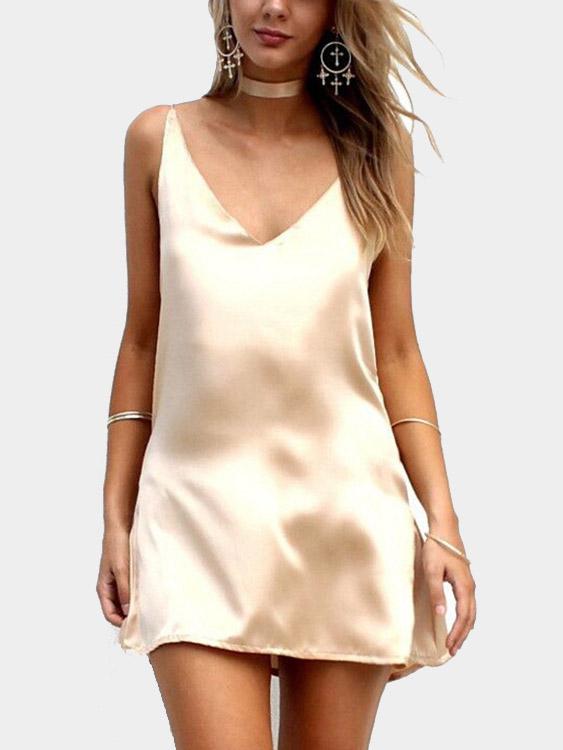 V-Neck Plain Backless Spaghetti Strap Sleeveless Mini Dress