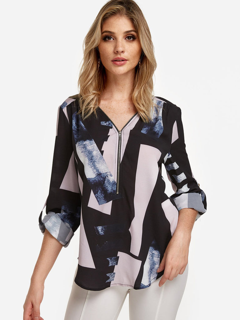 Printed Zip Back Long Sleeve Curved Hem Black T-Shirts