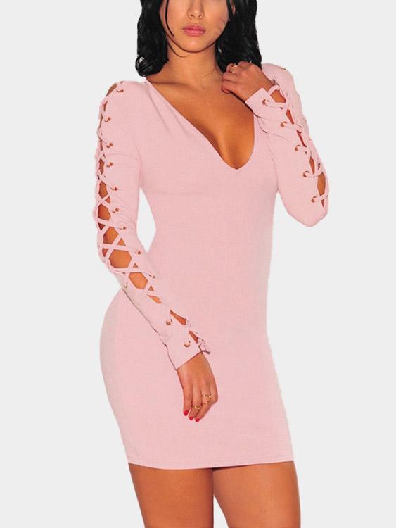 Pink V-Neck Long Sleeve Lace-Up Mini Dress