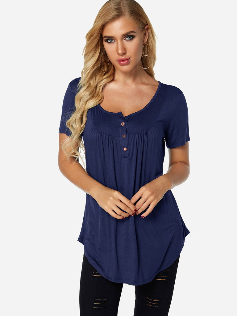 Round Neck Plain Pleated Short Sleeve Curved Hem T-Shirts