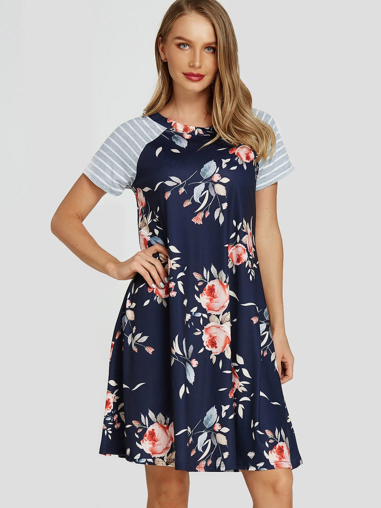 Navy Round Neck Short Sleeve Stripe Floral Print Dresses