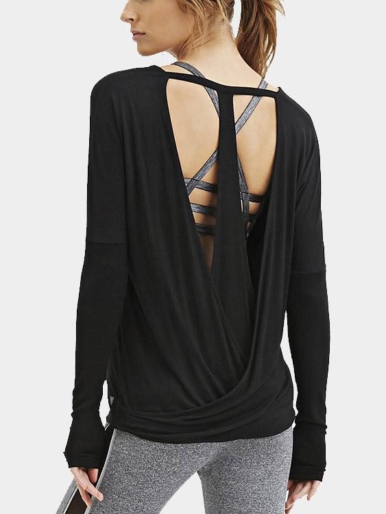 Round Neck Backless Long Sleeve Black Top