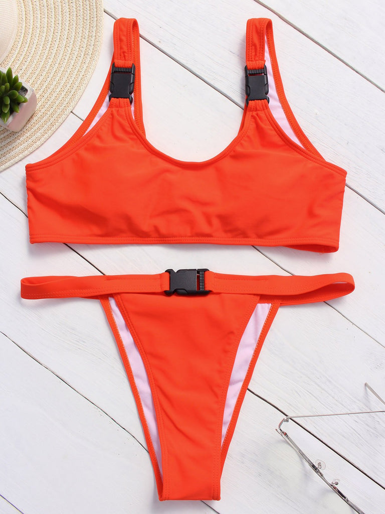 Orange Scoop Neck Sleeveless Plain Lace-Up High Waist 2 Piece Bikinis