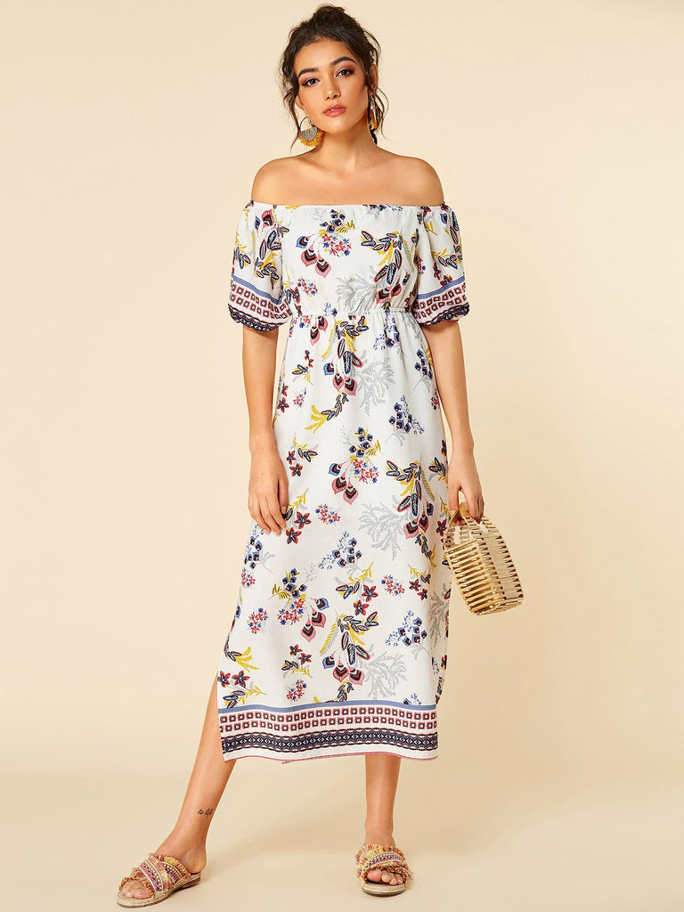 White Off The Shoulder Half Sleeve Floral Print Slit Hem Maxi Dresses