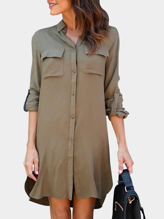 Green Long Sleeve Side Pockets Curved Hem Shirt Dresses