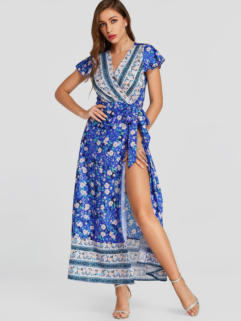 V-Neck Baroque Wrap Slit Hem Maxi Dresses