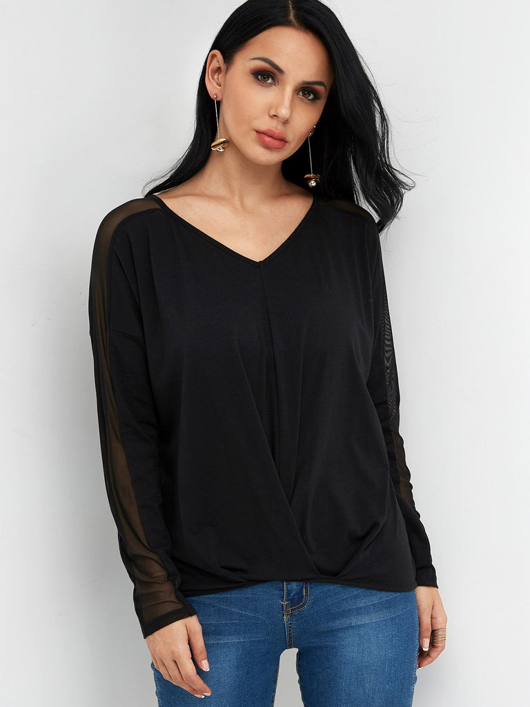 V-Neck Crossed Front Long Sleeve Bodycon Hem Black Blouses