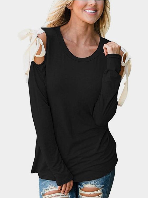 Round Neck Cold Shoulder Plain Lace-Up Long Sleeve T-Shirts