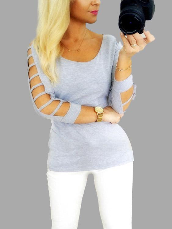Round Neck Cut Out 3/4 Sleeve Grey T-Shirts