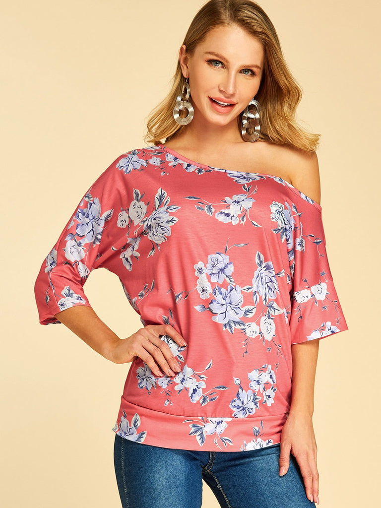One Shoulder Floral Print 3/4 Sleeve Red T-Shirts