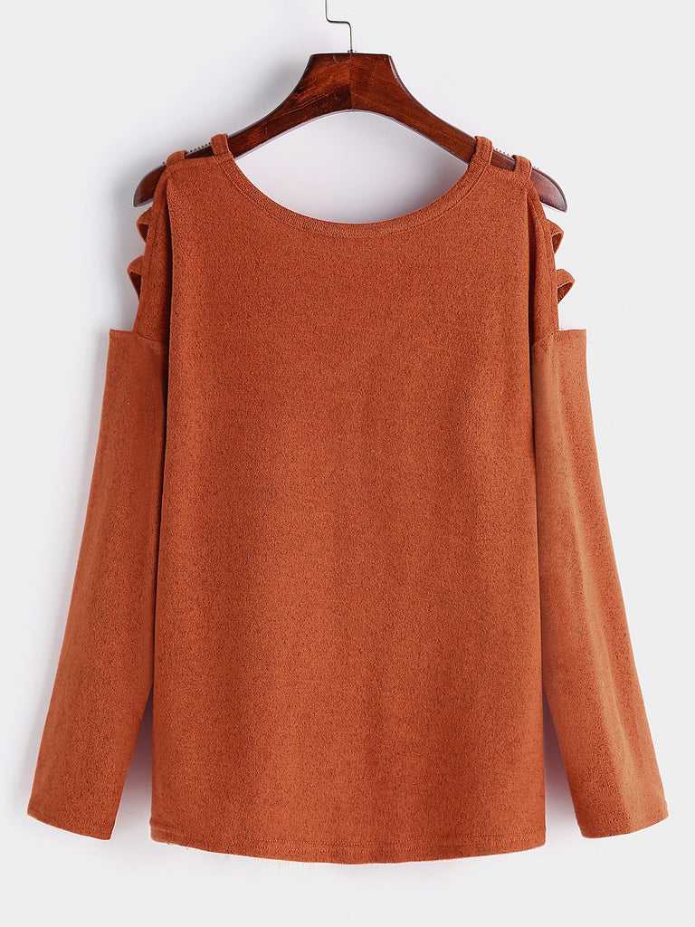 V-Neck Cold Shoulder Plain Cut Out Long Sleeve Orange T-Shirts