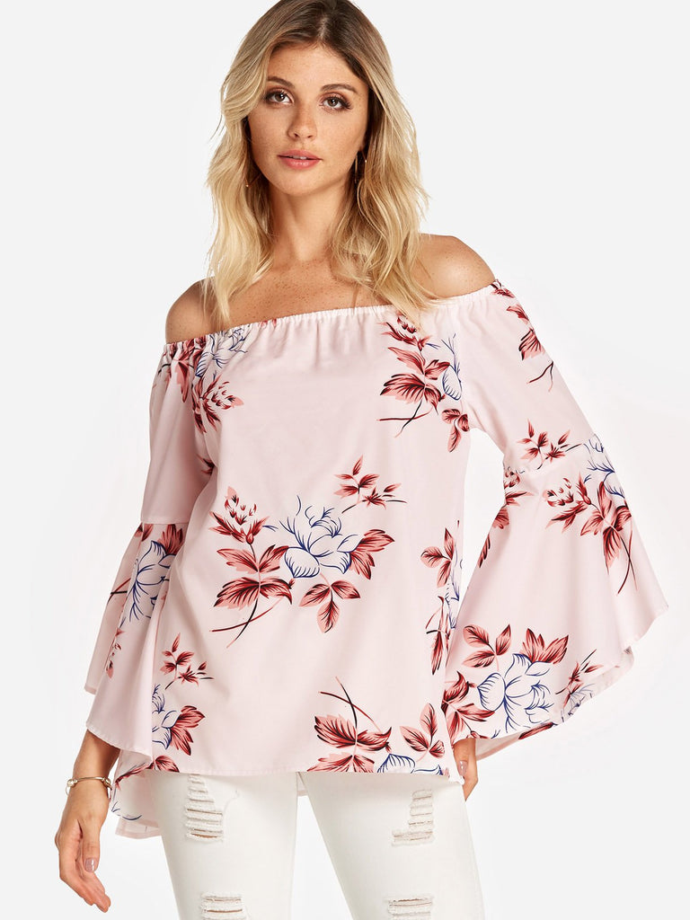 Off The Shoulder Floral Print Backless Long Sleeve Pink Blouses