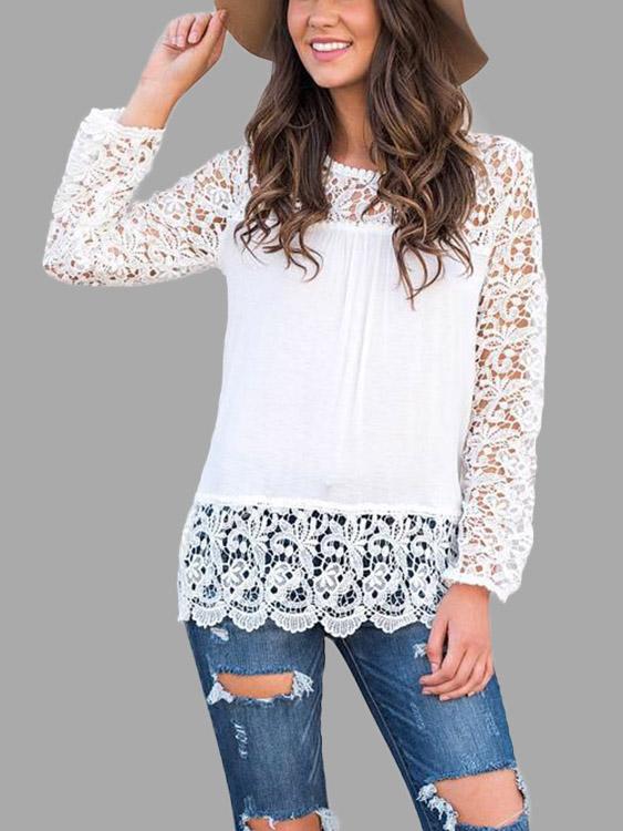 Round Neck Lace Long Sleeve White T-Shirts