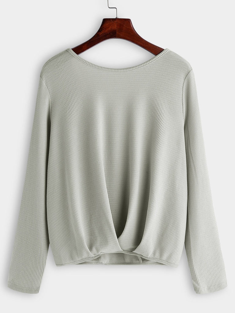 Round Neck Plain Backless Pleated Long Sleeve Grey T-Shirts