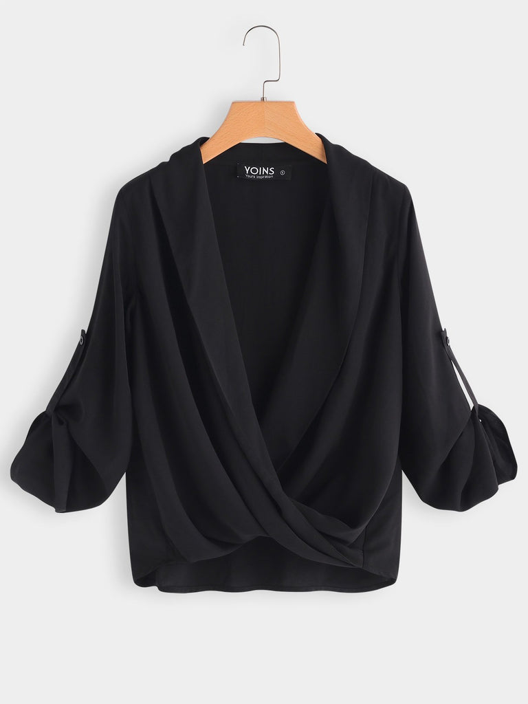 Deep V Neck Plain Crossed Front 3/4 Sleeve Black Blouses