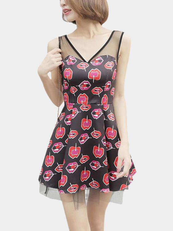 Black V-Neck Sleeveless Floral Print Backless Sexy Dresses