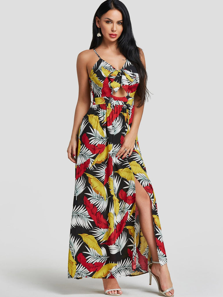 V-Neck Sleeveless Floral Print Cut Out Self-Tie Slit Hem Maxi Dresses