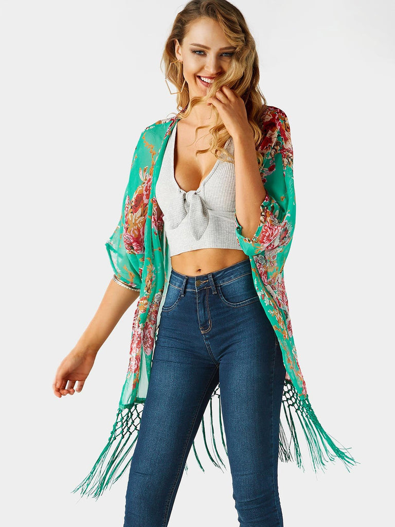 Green Half Sleeve Floral Print Tassel Tassel Hem Beachwear