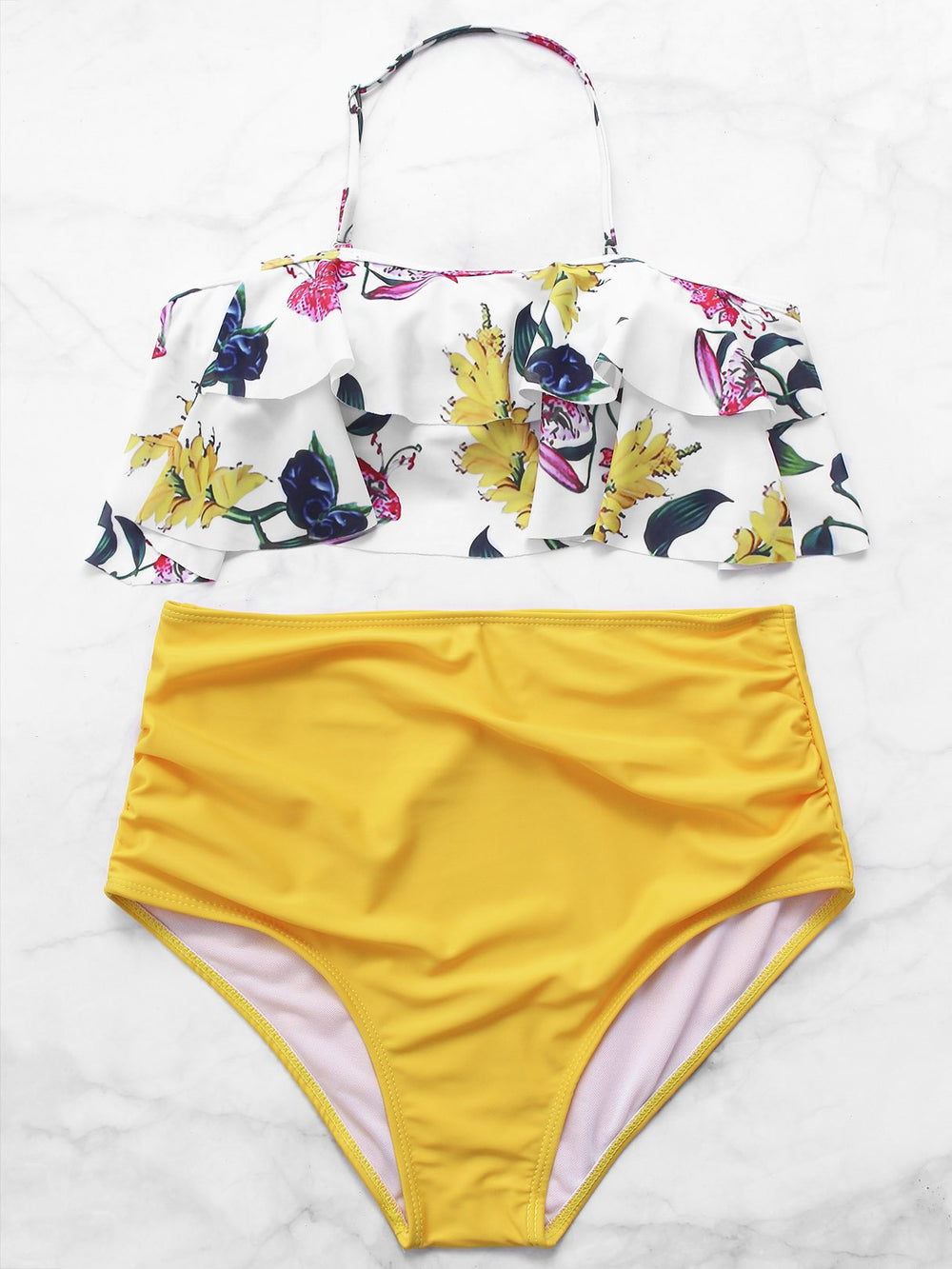 Yellow Halter Floral Print Tie-Up Ruffle Trim Double Layer Ruffle Hem High Waist 2 Piece Bikinis