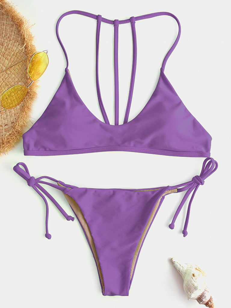 Scoop Neck Backless Tie-Up Sleeveless Purple Bikinis