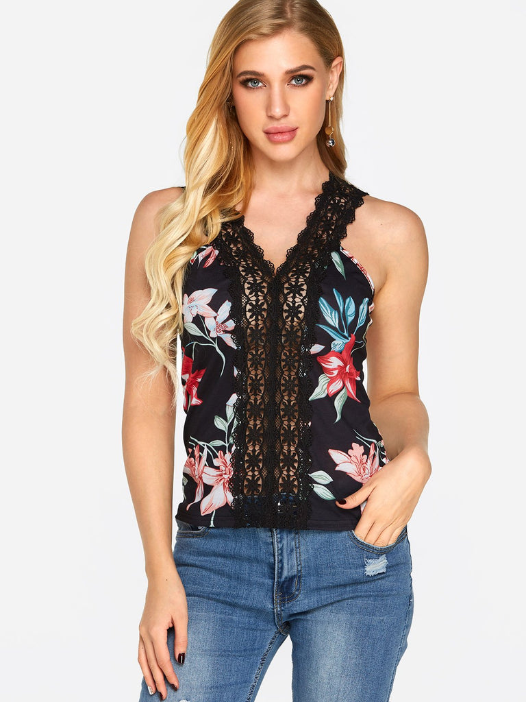 V-Neck Floral Print Spaghetti Strap Sleeveless Camis