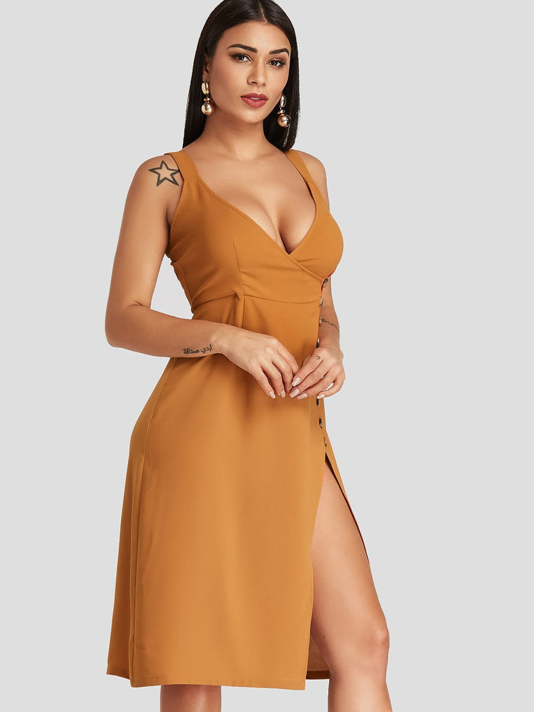 Yellow Deep V Neck Sleeveless Backless Slit Hem Dresses