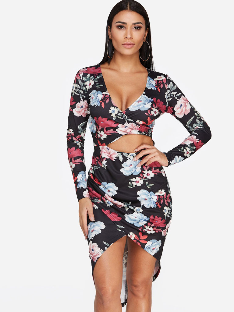 Deep V Neck Long Sleeve Floral Print Crossed Front Cut Out Slit Hem Dresses