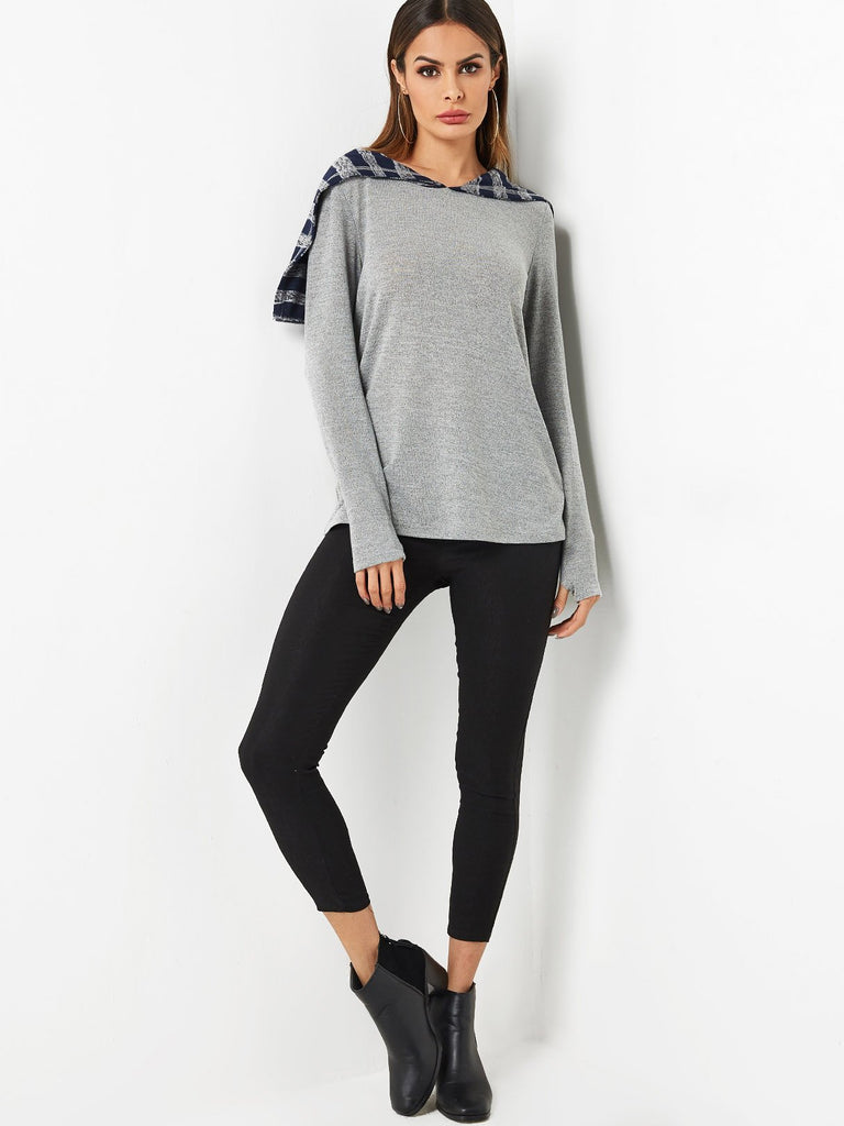 Pullover Plain Hooded Long Sleeve Grey T-Shirts
