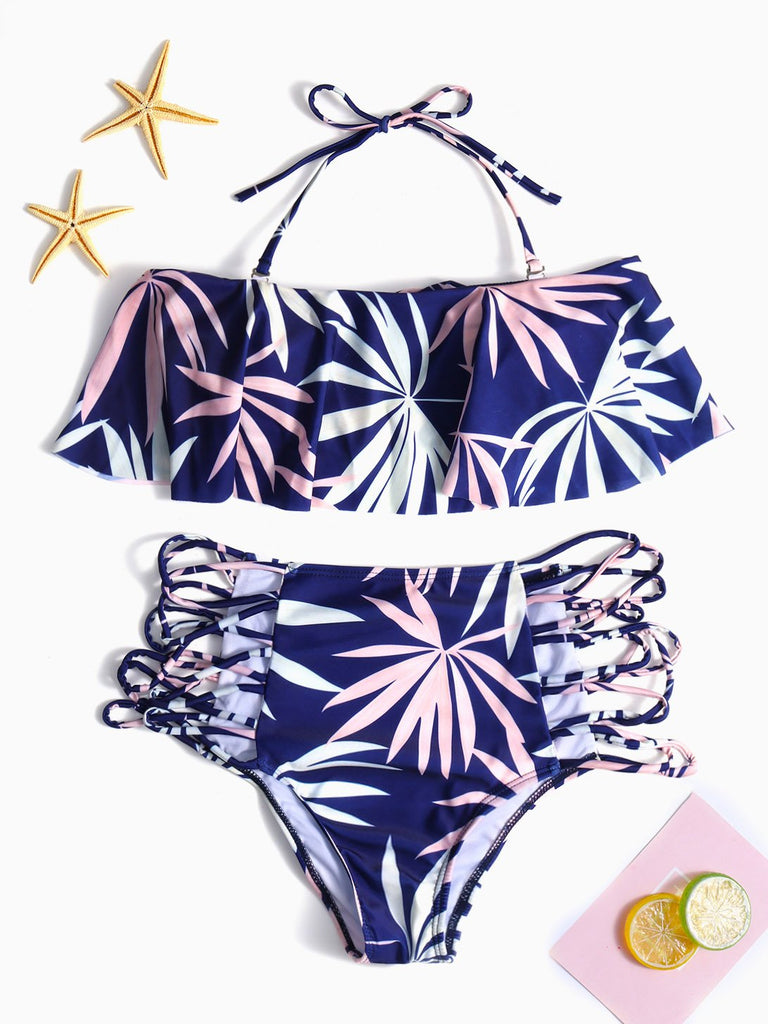 Blue Halter Deep V Neck Sleeveless Printed Bikini Set Swimwear