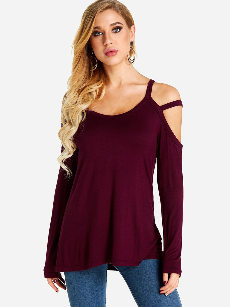 Cold Shoulder Long Sleeve Burgundy Top